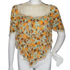 Peaches Top, L, Lace Yoke/Trim, Triangle hem/Sleeves, Popover, Blue/Orange/Brown